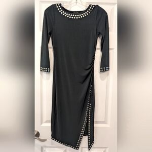 Venus black midi dress 3/4 sleeve side slit metal studs embroidered stretch XS